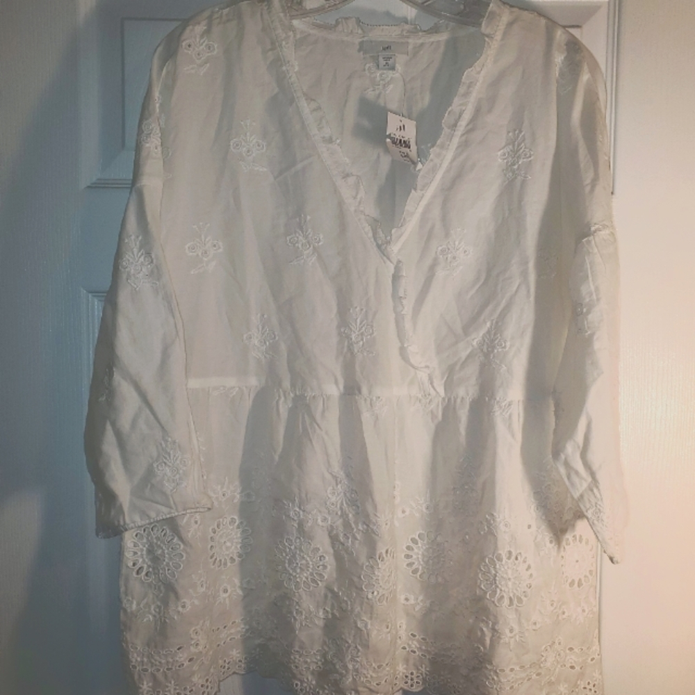 NWT J Jill White Embroidered Floral Design Long Sleeve Dress Sz MP